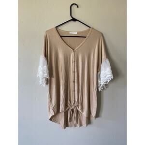 Reborn J Tan Button Down Tie Front Lace Sleeved Blouse (nursing friendly!)